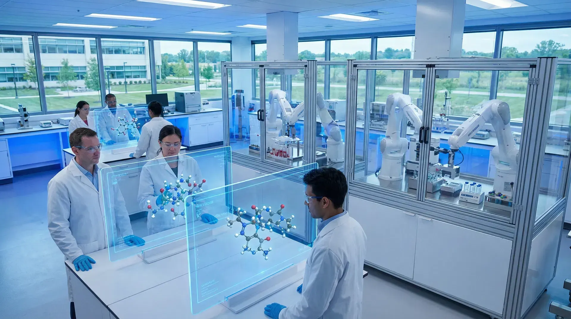 Microscopic view of AI-generated molecular structures, symbolizing accelerated drug discovery.