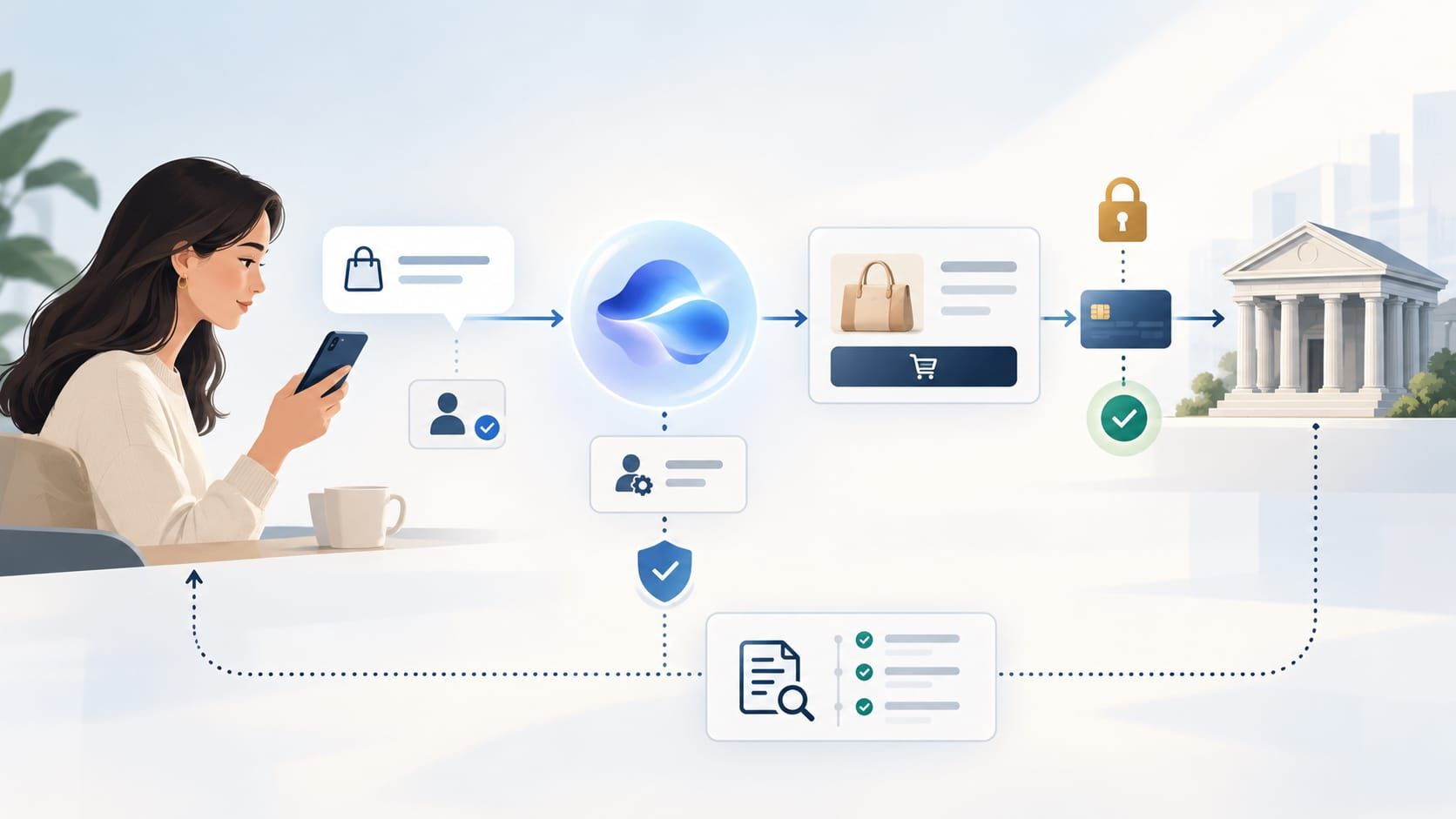 Conceptual e-commerce illustration showing a globe connected to dollar bills, a payment card and a device icon.