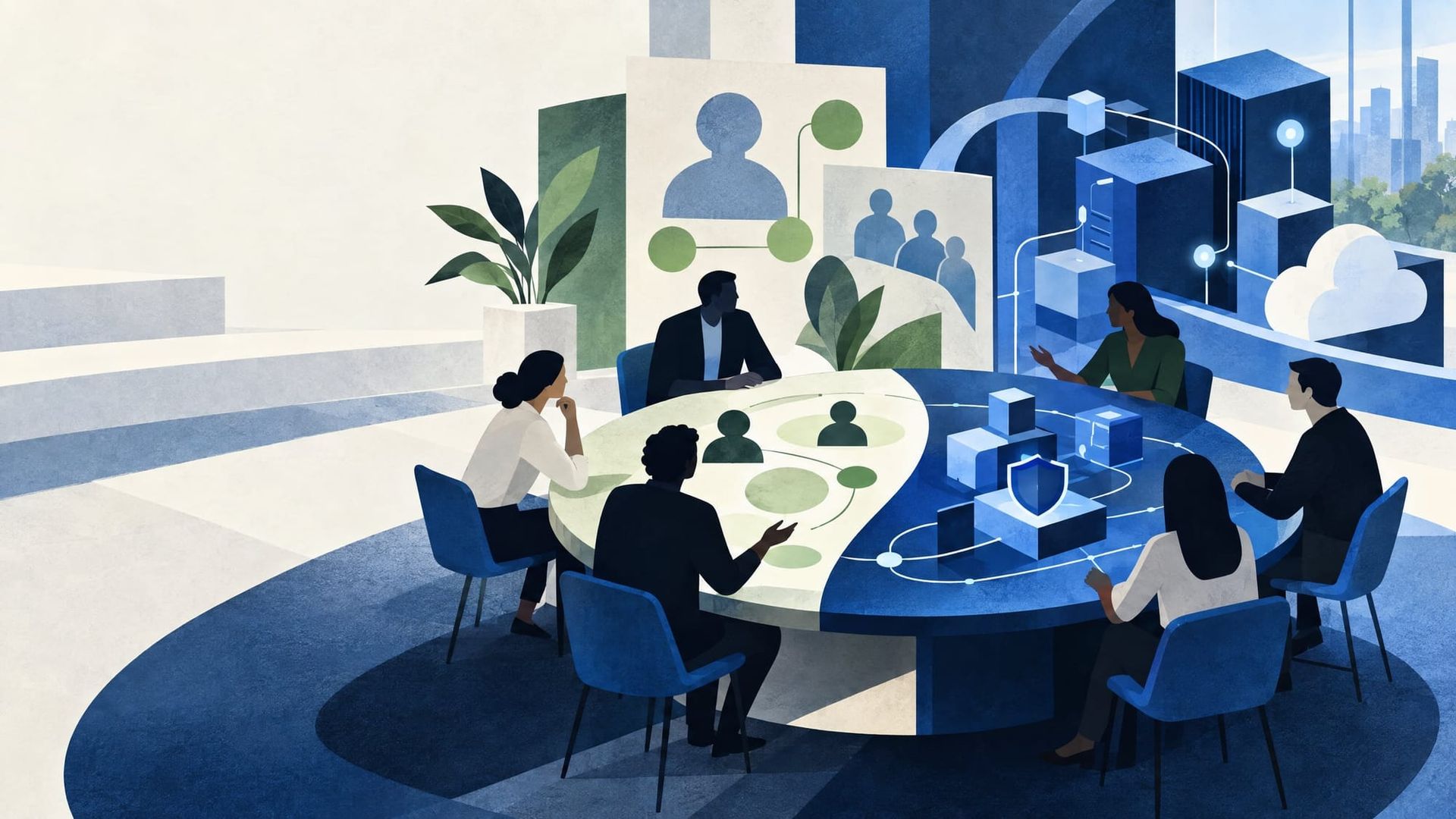 Editorial illustration of a diverse group around a shared table, with people-focused planning symbols on one side and connected technology systems on the other.
