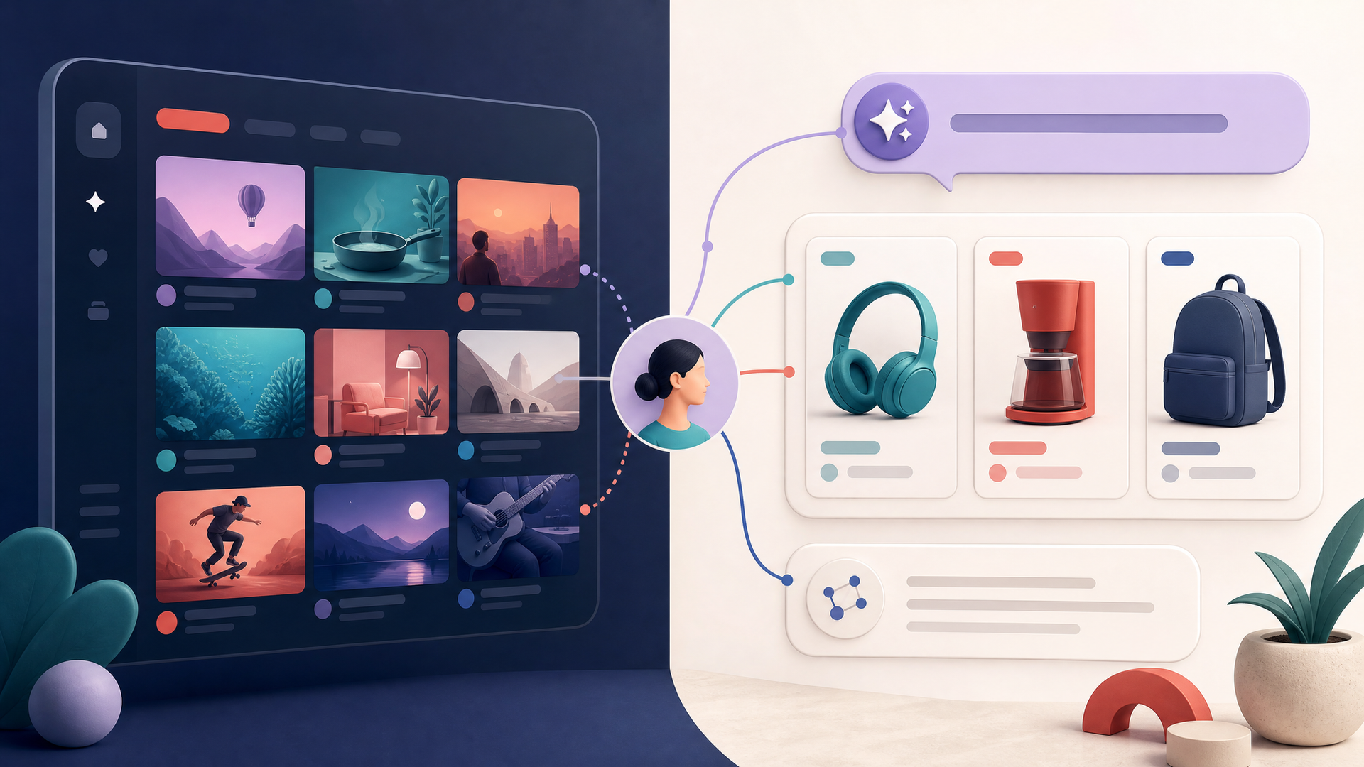 Illustration showing generic video tiles on a dark screen beside generic product recommendation cards connected to a user profile.