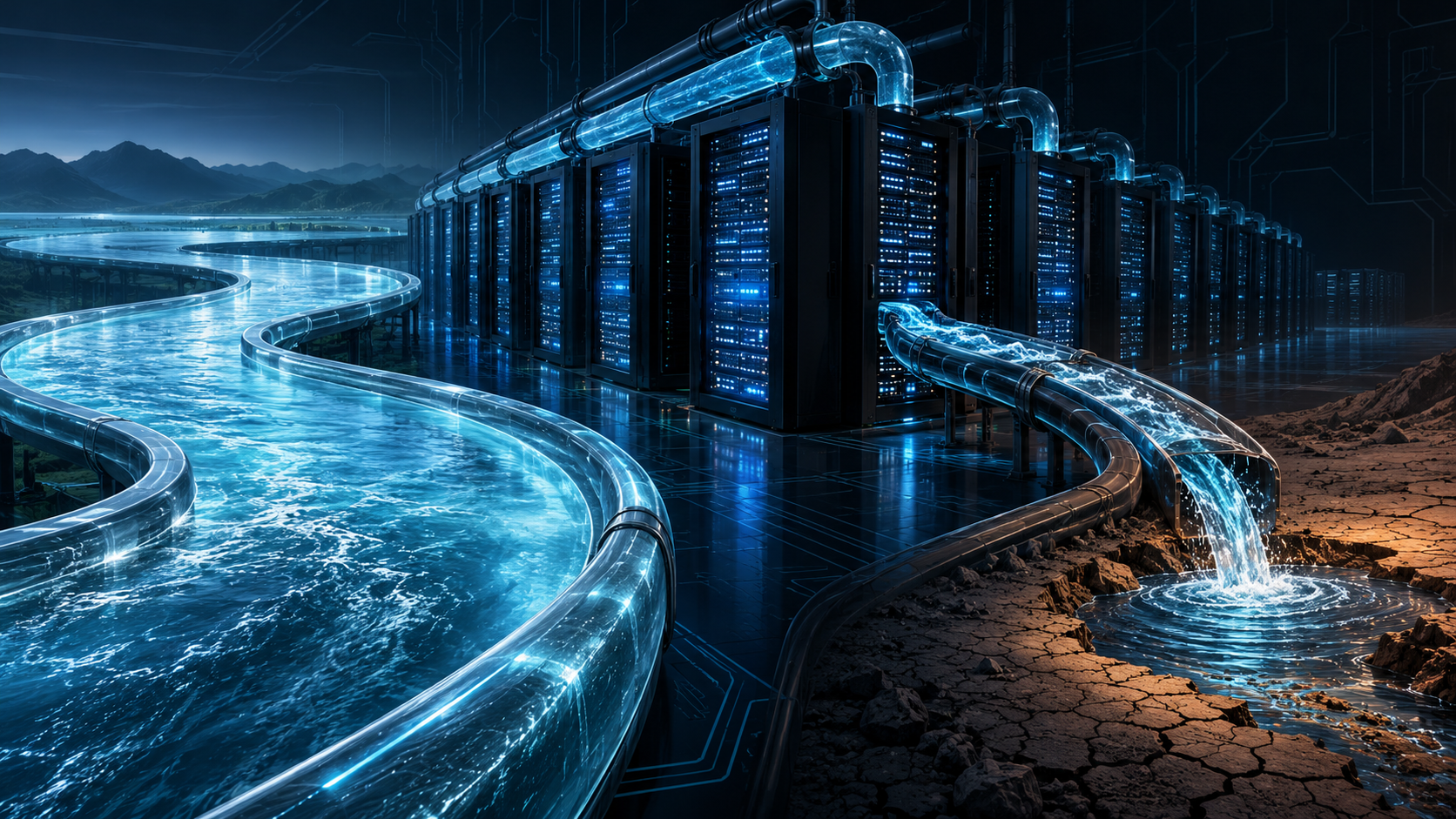 Conceptual illustration of server racks and two separated curved water-flow paths against a dark technical background.