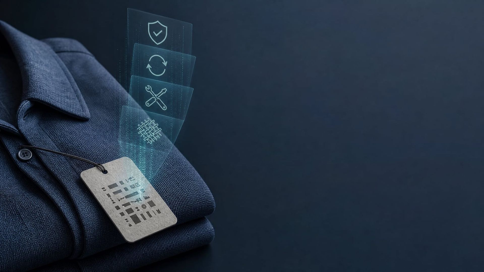 Folded unbranded blue textile garment with a hanging tag carrying an abstract geometric data pattern and translucent icons for security, circularity, repair and textile material.