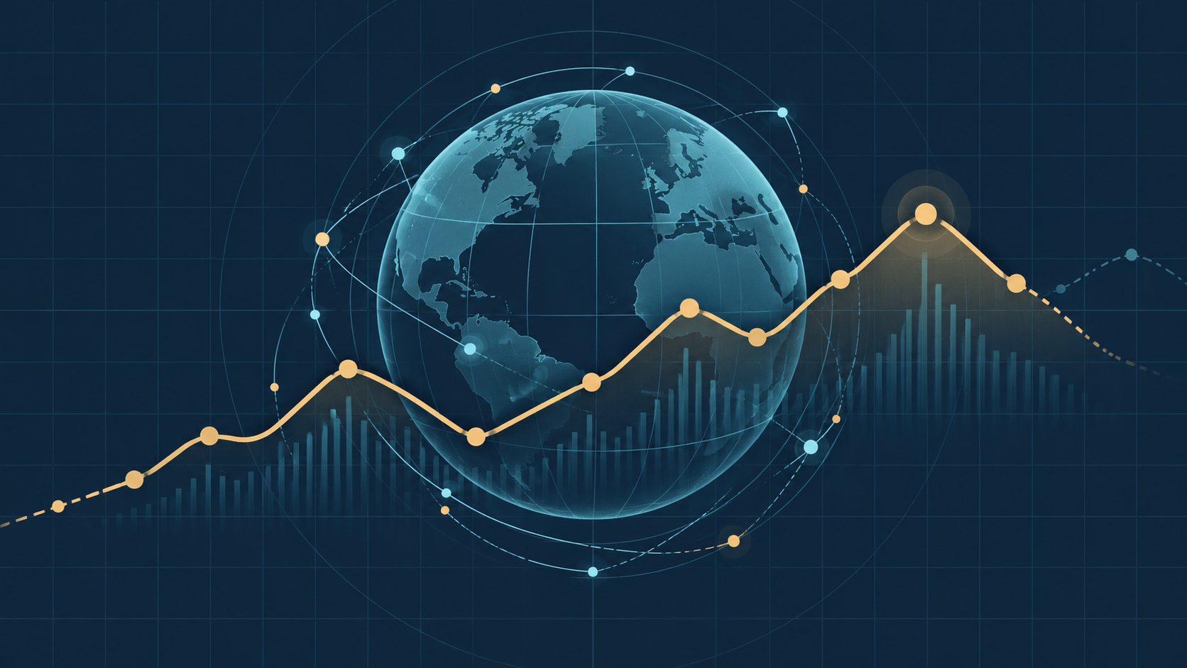 Conceptual illustration of a globe with a financial trend line, representing artificial intelligence and the global economy - AI economic risks