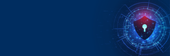 Blue digital shield with a keyhole, representing cybersecurity.
