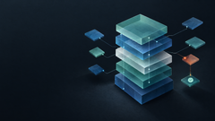 Abstract layered translucent software components connected by dependency lines against a dark blue background.