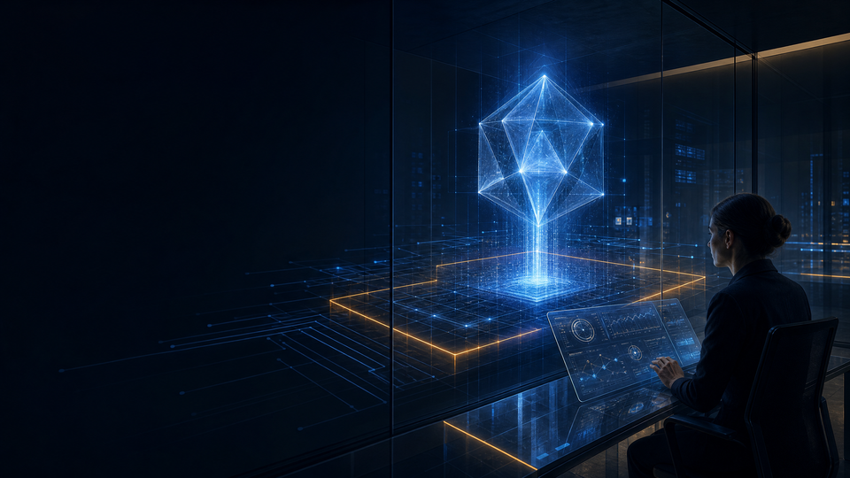 Abstract blue AI agent form observed by a security analyst in a dark operations room.