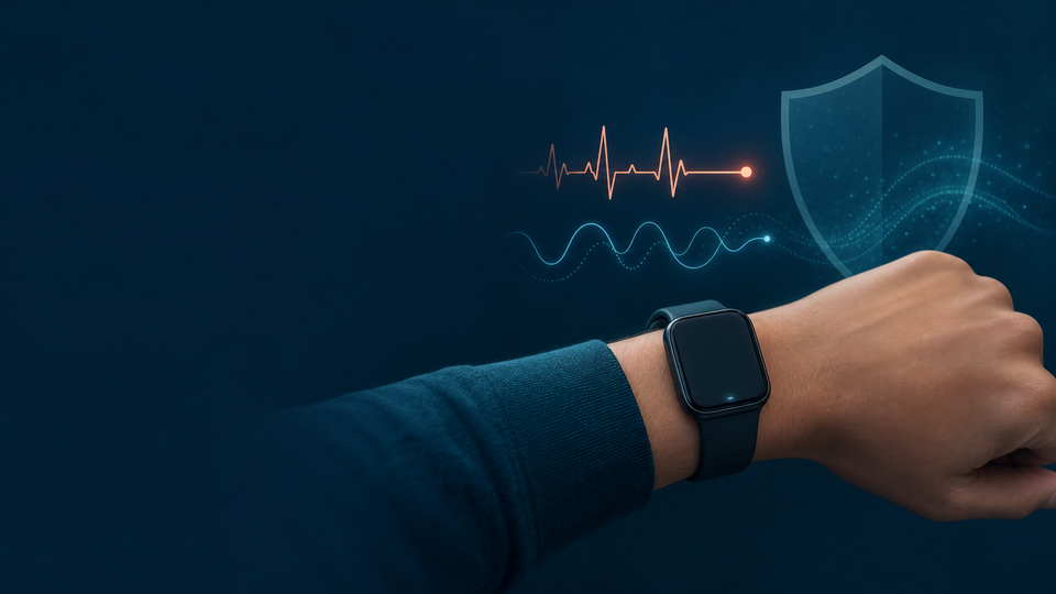 Illustration of a person wearing an unbranded smartwatch beside abstract heart and sleep data lines and a privacy shield.