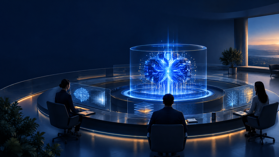 Three independent evaluators observe a glowing abstract AI system in a modern operations room.