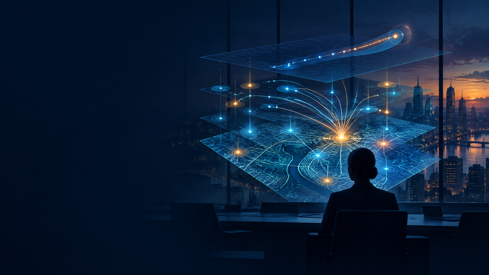 Original editorial illustration showing an analyst silhouette facing layered maps with converging blue and amber risk signals over a city at dusk.