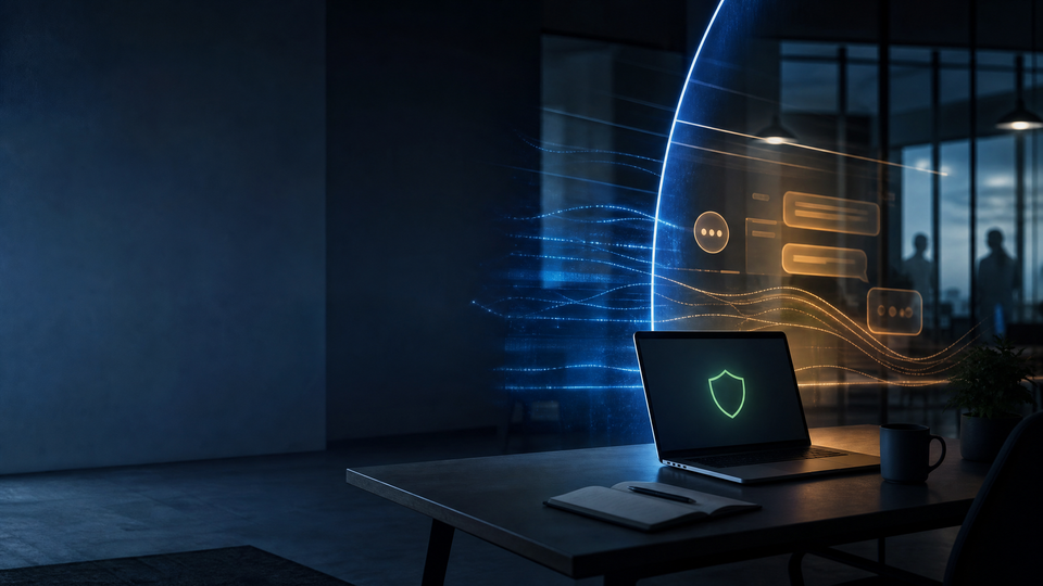 Editorial illustration of a laptop beside an abstract digital boundary and chat interface in a dim office.