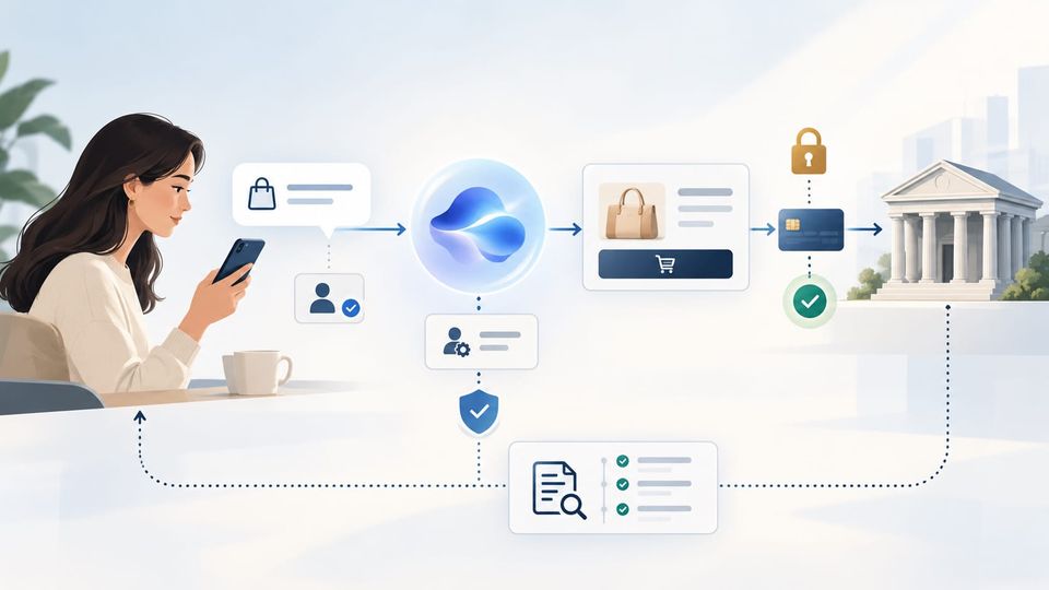 Conceptual e-commerce illustration showing a globe connected to dollar bills, a payment card and a device icon.