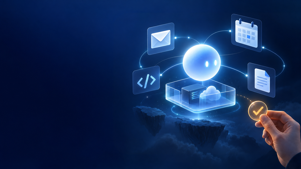 Abstract glowing digital assistant connected to a cloud computer, email, calendar, document and code icons, with a human hand holding an approval token.