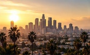 Sunrise over a city skyline lined with palm trees