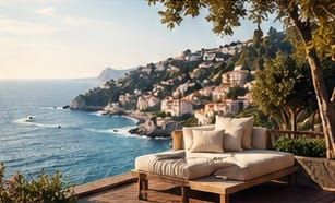 Terrace with a daybed overlooking a coastal village