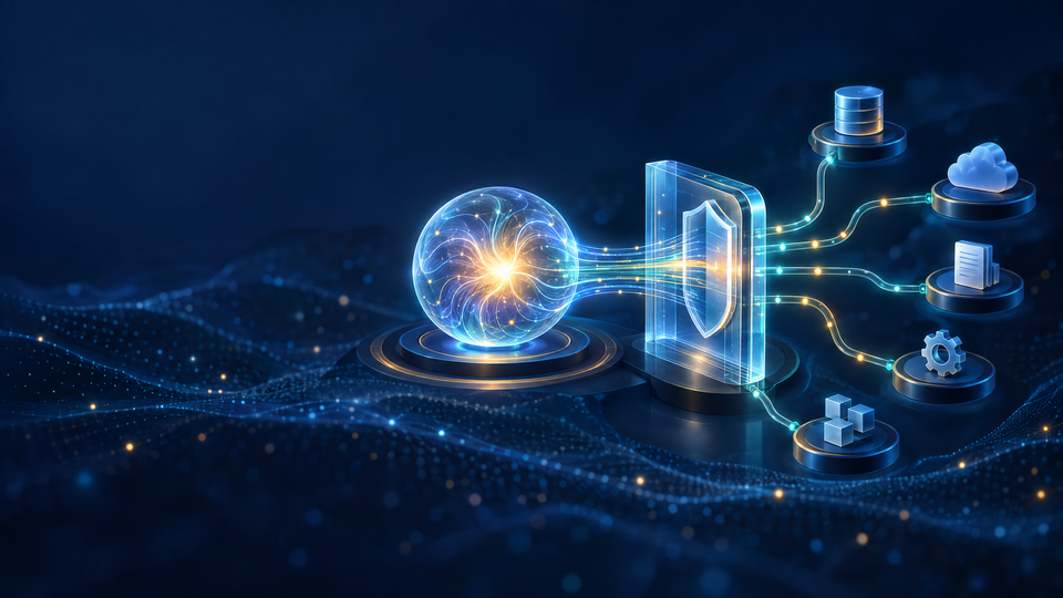 Abstract blue-and-gold illustration of an AI core connected through a transparent security gateway to cloud, database, document, and tool icons.