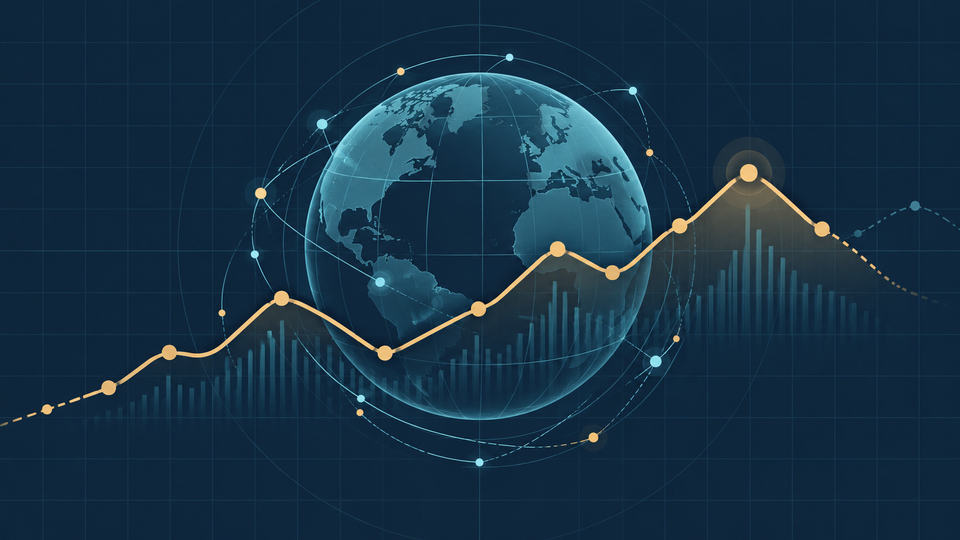 Conceptual illustration of a globe with a financial trend line, representing artificial intelligence and the global economy - AI economic risks