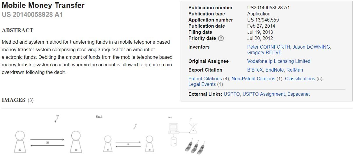 Patent: Vodafone Group Plc Mobile Money Transfer.