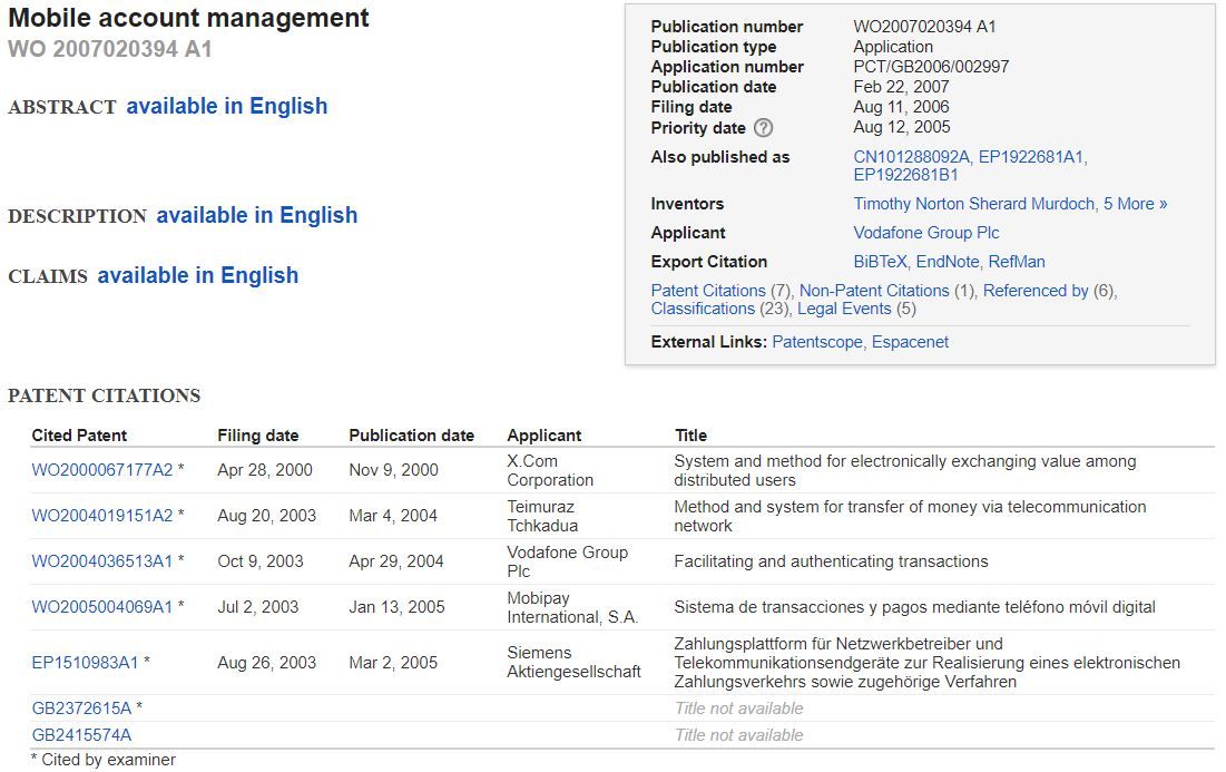 Patent: 2007, Vodafone Group Plc Mobile Account Management.
