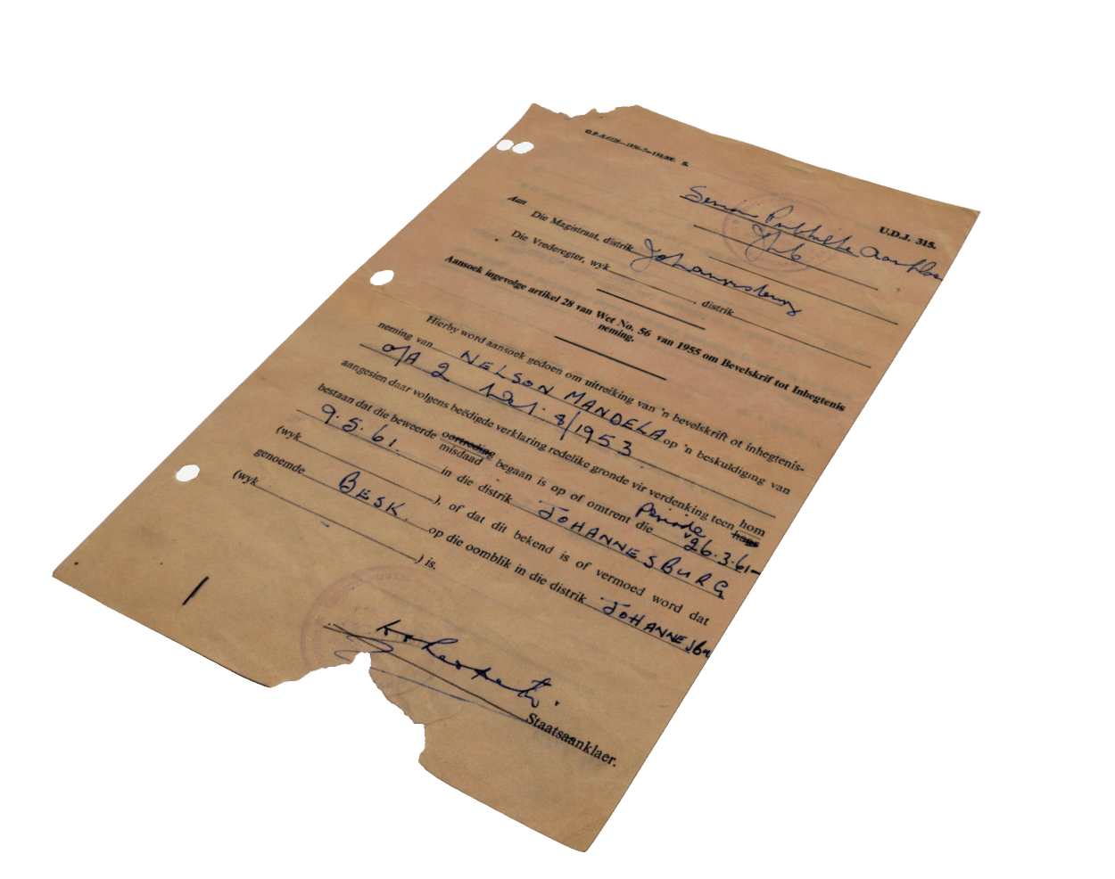 Nelson Mandela's warrant of arrest for treason, dated 1961.