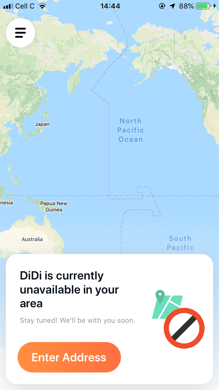 The message that meets DiDi e-hailing service customers on the company's e-hailing app in South Africa.