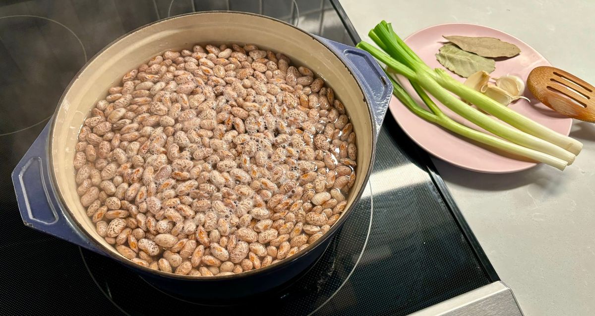 A pot of beans, cooking on the stove, with green onions, garlic and bay leaves.