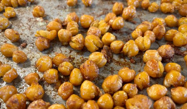 Crispy, spicy roasted chickpeas on a sheet pan