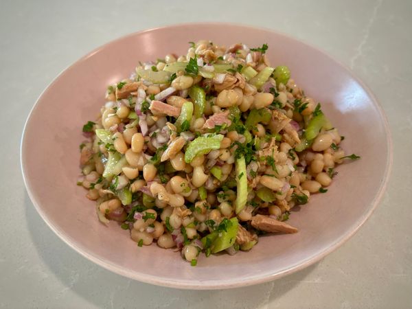 Tuna and bean salad with chopped celery, onions and parsley