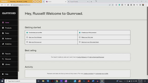 Gumroad store overview