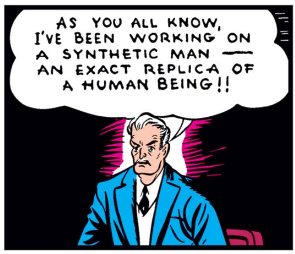 Professor Phineas Horton faces the camera, saying "As you all know, I've been working on a synthetic man - an exact replica of a human being!!"