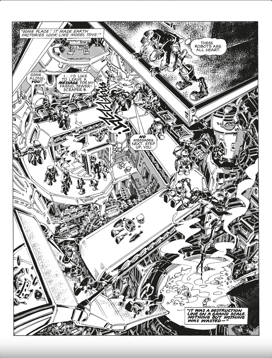 Robo-Hunter Sam Slade, with his ally Boots, a pair of robot boots, looks over a vast factory breaking down innocent robots without a qualm.