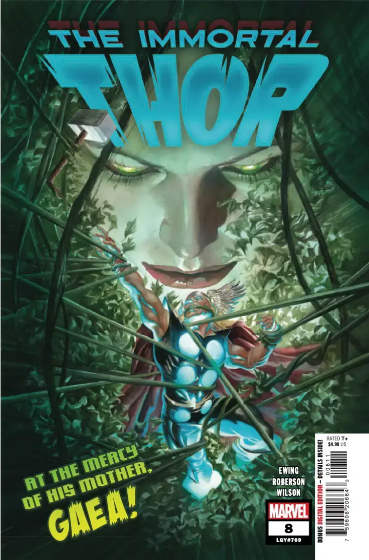 The cover to IMMORTAL THOR #8 by Alex Ross, showing Thor entangled in vines directed by a giant face of Gaea, his mother.