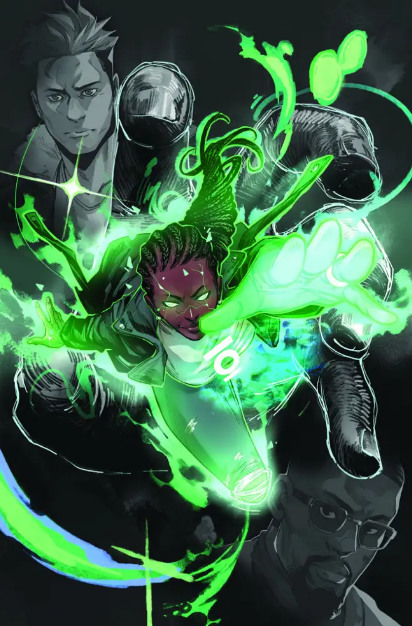 The cover for Absolute Green Lantern #1, by Jahnoy Lindsay, showing Jo Mullein front and center wielding the Green Power, with images of Hal Jordan and Jon Stewart looking troubled and worried behind her. Aside from the glow of the green power, everything is very, very dark.