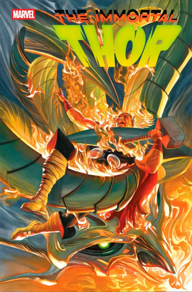 The cover for Immortal Hulk #22 by Alex Ross, showing Thor trapped in the fire of Utgard-Loki's head, burning alive.