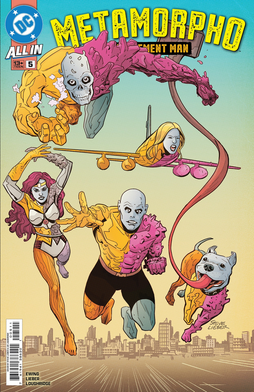 The cover for Metamorpho #5, by Steve Lieber, showing Metamorpho, Element Gal, Element Woman, Algon and Element Dog all charging towards the reader.