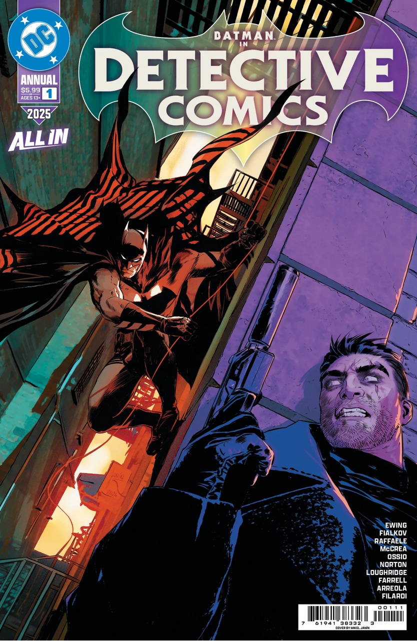 The cover for Detective Comics Annual #1 by Mikel Janin, showing a nervous hood hiding around a corner with a silenced pistol, as Batman swings down from above and around the corner.