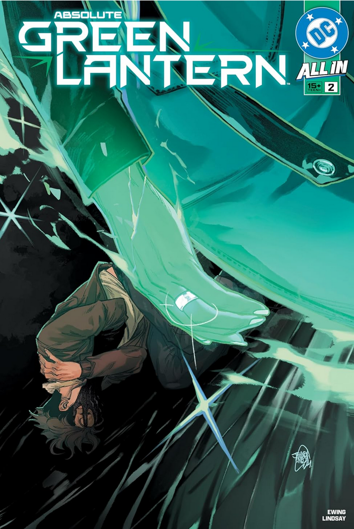 The main cover for Absolute Green Lantern #2, by Jahnoy Lindsay, showing Hal Jordan on his knees in darkness, huddled in a foetal position. In the foreground, Jo Mullein is glowing green - we focus on her hand and her wedding ring, glowing white.