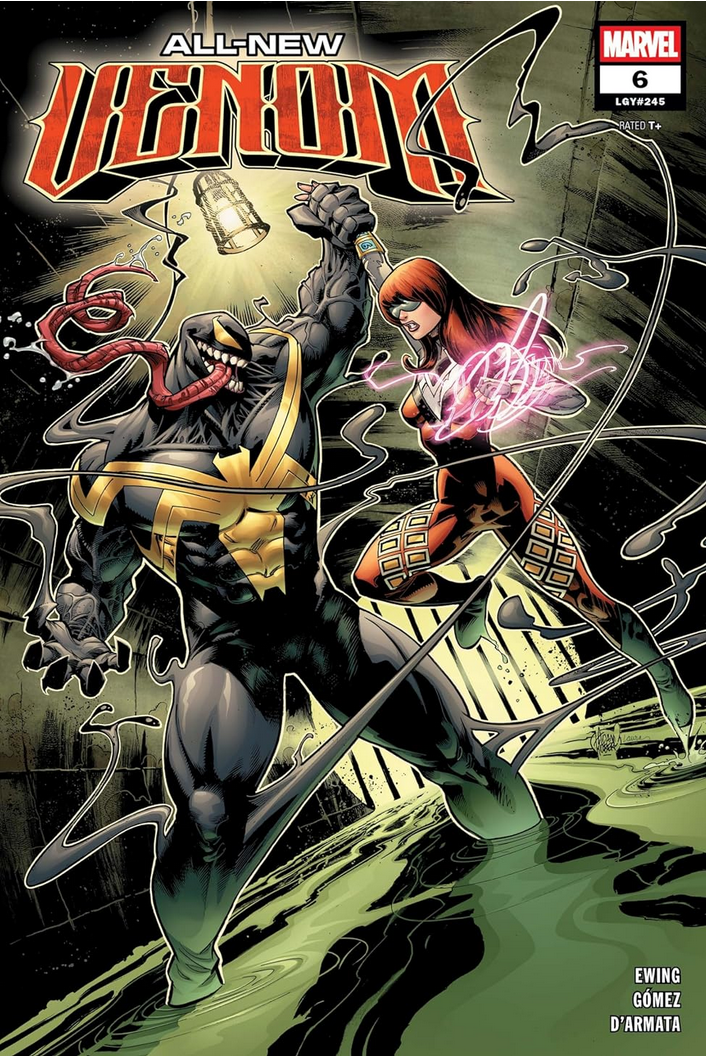 The cover of All-New Venom #6 by Adam Kubert, showing Venom and Jackpot locked in combat in a sewer.