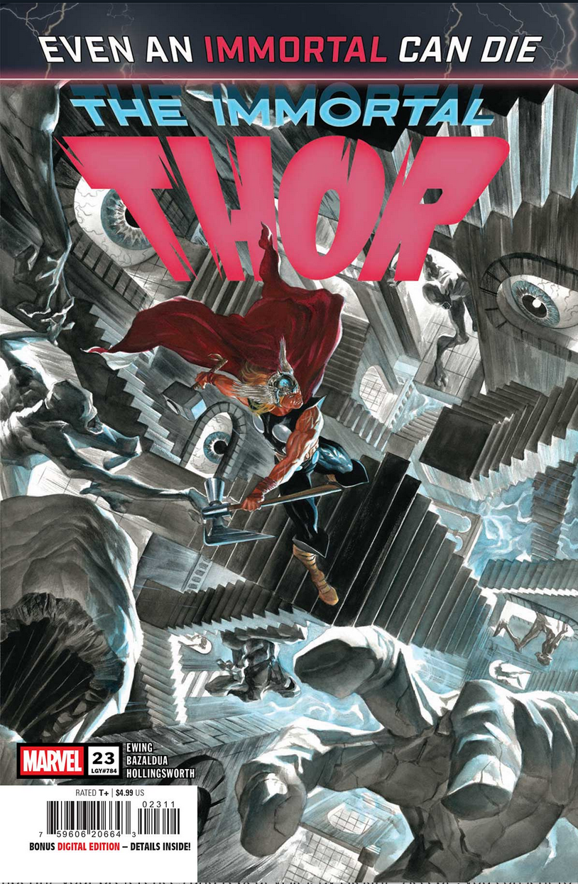 The cover of Immortal Thor #23 by Alex Ross, showing Thor fighting NRGL, the living city - an endless M.C Escher-like maze filled with baleful eyes staring from walls, and eyeless stone servants emerging from forbidden doors.