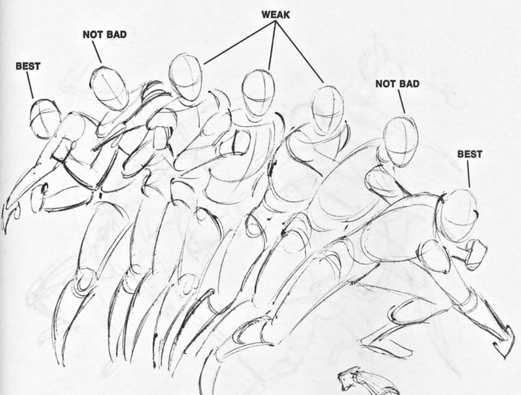 A shot from How To Draw Comics The Marvel Way, showing all the different poses a figure can be in while throwing a punch, and that the best poses to draw are at the extremes of the punch.