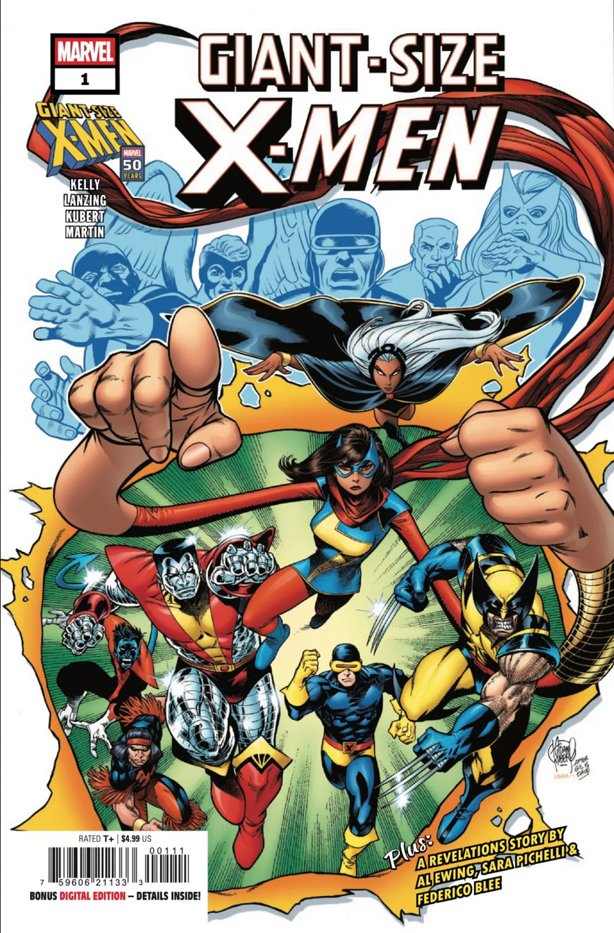 The cover for Giant-Size X-Men #1 (2025), by Adam Kubery after Gil Kane. It's a homage to the original Giant-SIze X-Men #1 cover, with the new X-Men bursting through the cover and surprising the old ones - but this time Ms. Marvel is among the new X-Men.