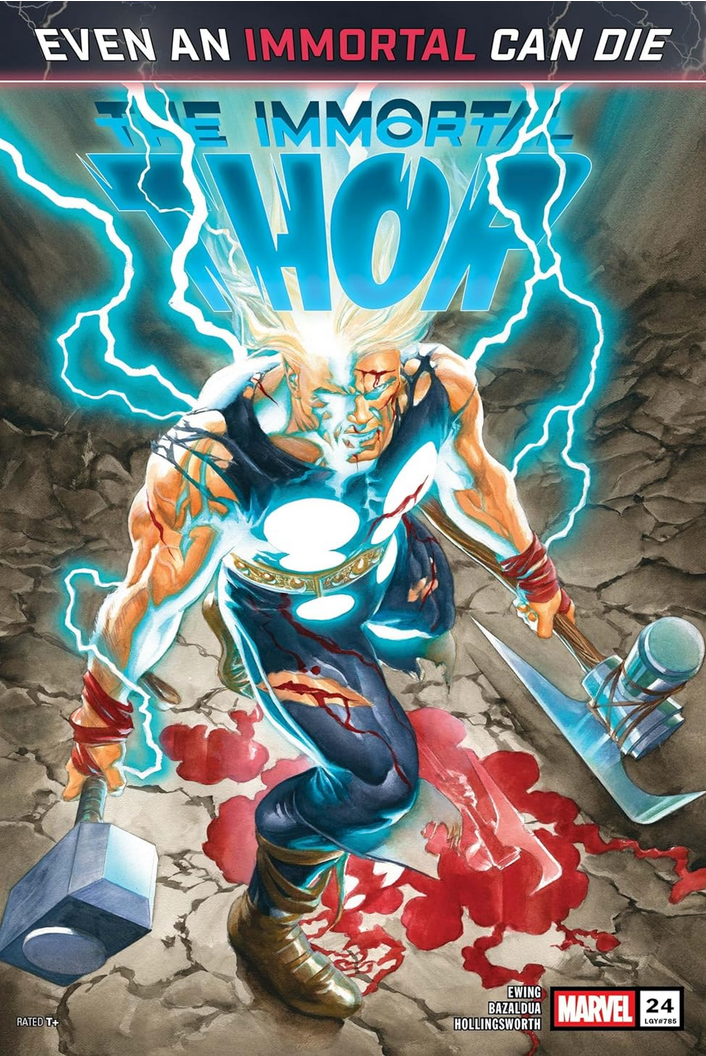 The cover of Immortal Thor #24 by Alex Ross, showing Thor battered, bloodied and facing off against an unknown foe with Mjolnir and his axe Tormod in his hand. It's Alex Ross' take on the prophecy we've seen repeated in-story a lot - the moment of Thor's death.