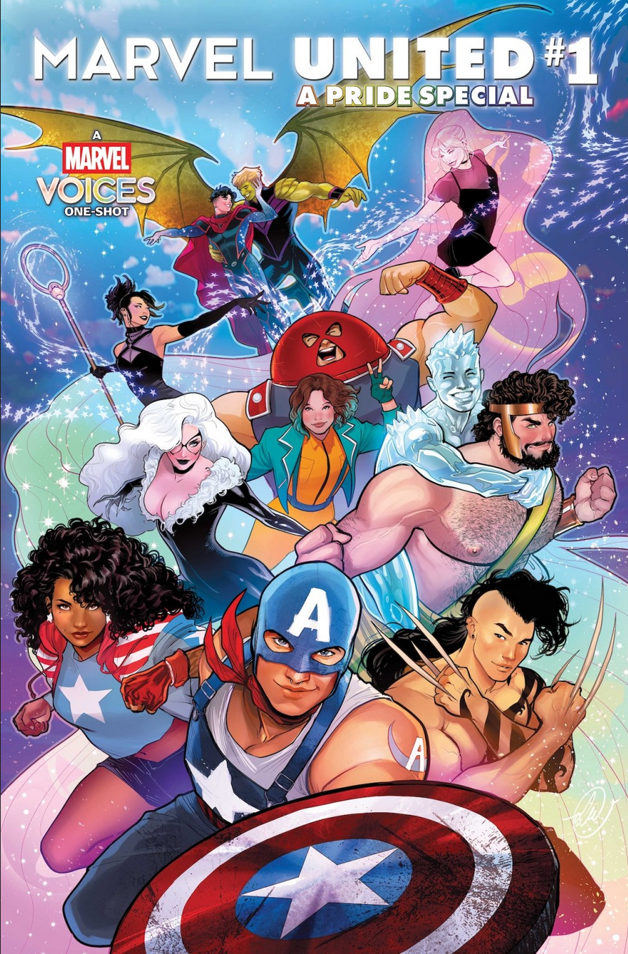 The cover for Marvel Unlimited: A Pride Special #1, by Lucas Werneck, showing Captain America of the Railroads, America Chavez, Daken/Fang, Black Cat, Iceman, Hercules, Escapade, Kid Juggernaut, Nico Minoru, Karolina Dean, Wiccan and Hulking, all joyously charging the reader in what looks to be a homage to the cover of the original Secret Wars #1.