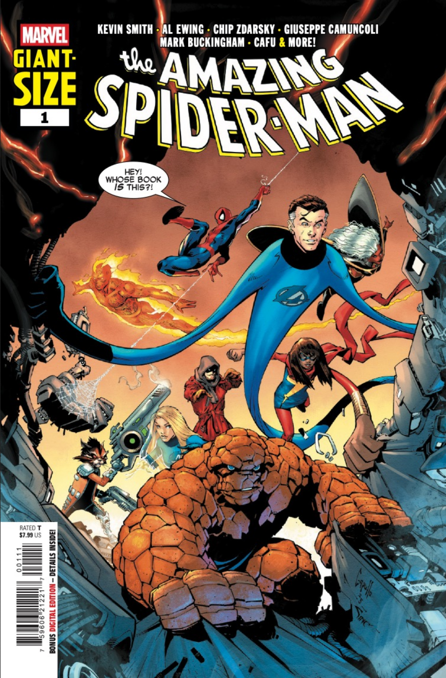 The cover for Giant-Size Spider-Man #1 by Greg Capullo, showing Spidey in the background as the Fantastic Four, Ms. Marvel, Rocket Raccoon, Storm and Wyn from G.O.D.S. break through a wall of machinery towards the reader. "Hey! Whose book is this?" says Spidey.