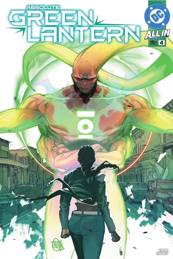 The cover for Absolute Green Lantern #4 by Jahnoy Lindsay, showing Jo Mullein confronting the Abin Sur in an Evergreen that seems to be collapsing into some kind of void of light. What could that mean?