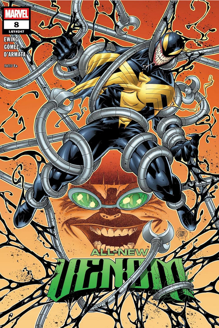 The cover for All-New Venom #8 by Adam Kubert, showing Venom caught int he coils of Doctor Octopus' tentacles, spewing web everywhere. Doc Ock's leering face cackles in the background.