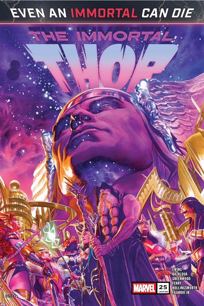The cover for Immortal Thor #25 by Alex Ross, showing the face of Thor in the stars over the golden city of Asgard with the Asgardian Gods standing vigil beneath. Angela, Balder, Beta Ray Bill, Loki (in their full Bowie look), Ullr, Sif, Valkyrie and Tyr are all present.