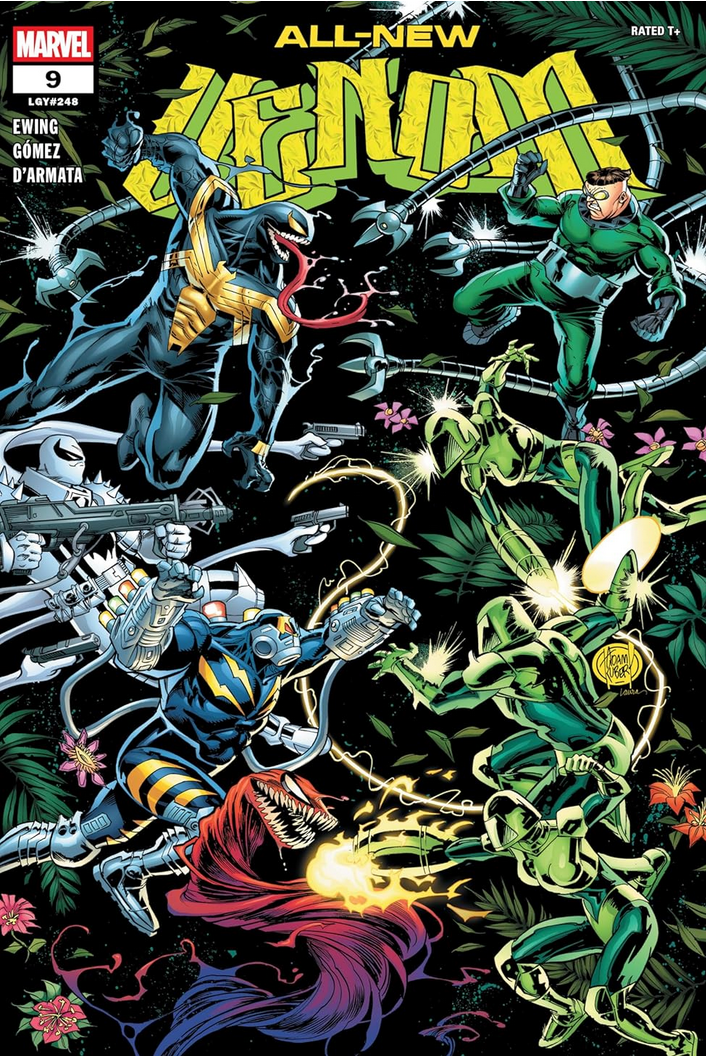 The cover of ALL-NEW VENOM #9, by Adam Kubert, showing a confrontation in a garden setting between Venom, Agent Anti0Venom, Sleeper and Toxin on one side, and Doctor Octopus, Ripcord, Slice and Heater on the other.