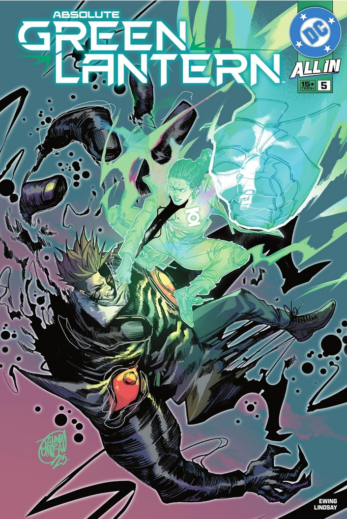 The cover to ABSOLUTE GREEN LANTERN #5 by Jahnoy Lindsay, showing Jo Mullein in full green power mode punching out a Hal Jordan possessed almost entirely by the Black Hand, so he's a hulking goo creature with eyes on his shoulder.