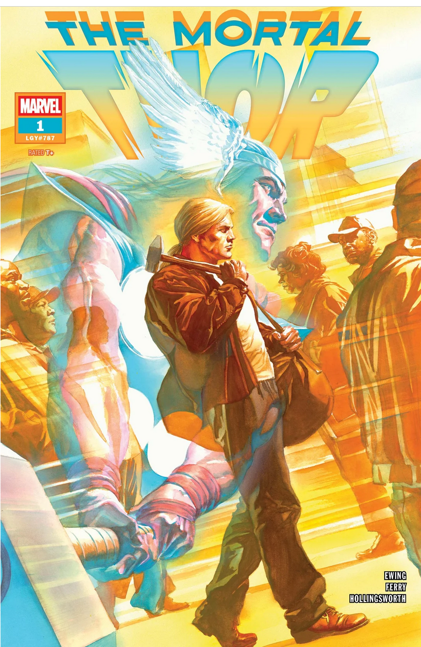 The cover for the MORTAL THOR #1, by Alex Ross, showing Sigurd Jarlson walking through a crowd of normal people like him, his hammer over one shoulder. Looming over him is the specter of Thor.