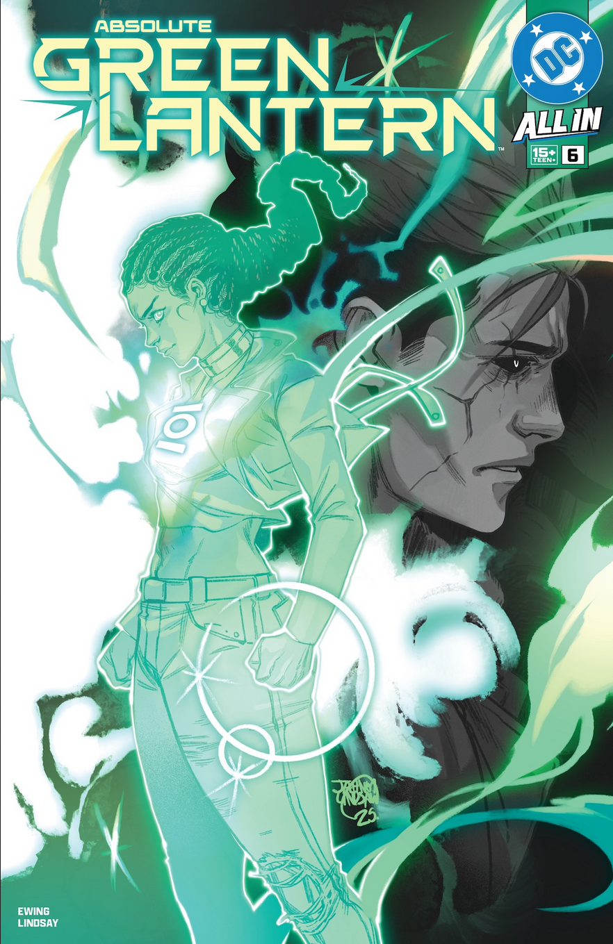 The cover for ABSOLUTE GREEN LANTERN #6, by Jahnoy Lindsay, showing Jo blazing with Green Power while Hal, cursed with the Black Hand, lurks in the shadows.